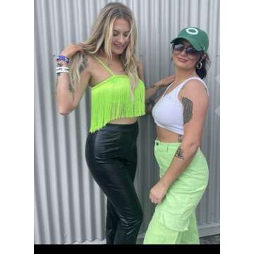 Women Corset Cropped Fringe Tank Crop Top Indie Summer Cowgirl Going Out Shirts Rave Clothes Date Night Festival Clothing Dime Green XS