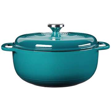 Lodge 6 Quart Enameled Cast Iron Dutch Oven with Lid – Dual Handles – Oven Safe up to 500° F or on Stovetop - Use to Marinate, Cook, Bake, Refrigerate and Serve – Lagoon