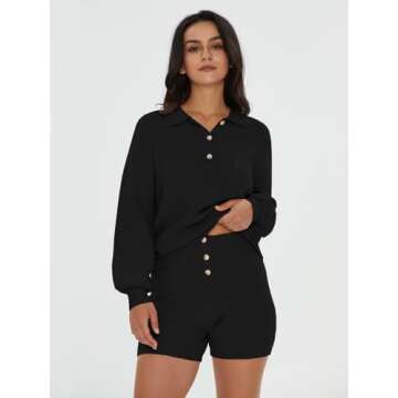 DEEP SELF 2 Piece Sweater Sets for Women Comfy Knitted Pullover Tops and Shorts Outfits Set Casual Long Sleeve Cozy Lounge Wear Black