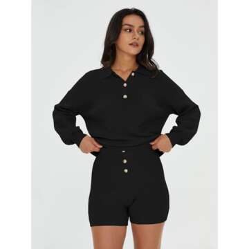DEEP SELF 2 Piece Sweater Sets for Women Comfy Knitted Pullover Tops and Shorts Outfits Set Casual Long Sleeve Cozy Lounge Wear Black