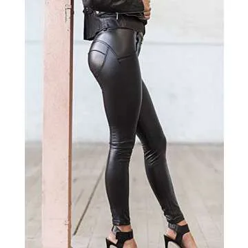 SEASUM Women's Faux Leather Leggings Pants PU Elastic Shaping Hip Push Up Black Sexy Stretchy High Waisted Tights XL