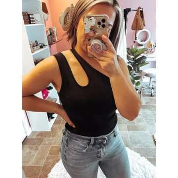 Nlife One Shoulder Bodysuit for Women Sleeveless Sexy Corset Tank Tops Basic Spandex Leotard