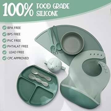 NOVIIML ing Supplies Baby Feeding Set Toddlers Silicone Divided Suction Plate Suction Bowl, Adjustable Bib, First Stage Spoon Fork, Placemat, Straw Cup Infant Self Eating Utensil (Sage)