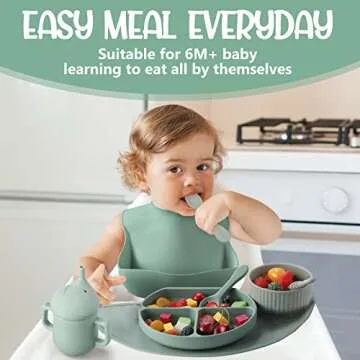 NOVIIML ing Supplies Baby Feeding Set Toddlers Silicone Divided Suction Plate Suction Bowl, Adjustable Bib, First Stage Spoon Fork, Placemat, Straw Cup Infant Self Eating Utensil (Sage)