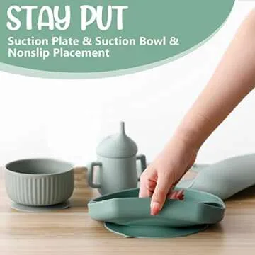 NOVIIML ing Supplies Baby Feeding Set Toddlers Silicone Divided Suction Plate Suction Bowl, Adjustable Bib, First Stage Spoon Fork, Placemat, Straw Cup Infant Self Eating Utensil (Sage)