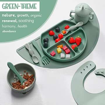 NOVIIML ing Supplies Baby Feeding Set Toddlers Silicone Divided Suction Plate Suction Bowl, Adjustable Bib, First Stage Spoon Fork, Placemat, Straw Cup Infant Self Eating Utensil (Sage)