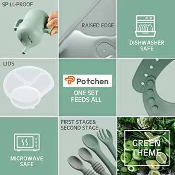 NOVIIML ing Supplies Baby Feeding Set Toddlers Silicone Divided Suction Plate Suction Bowl, Adjustable Bib, First Stage Spoon Fork, Placemat, Straw Cup Infant Self Eating Utensil (Sage)