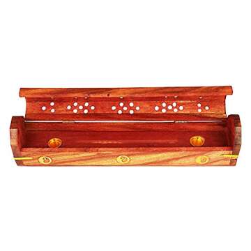 Wooden Incense Stick & Cone Burner Holder Coffin With Storage Compartment Organic Eco Friendly Ash Catcher Agarbatti Holder Rustic Style For Meditation Yoga Aromatherapy Home Fragrance Products