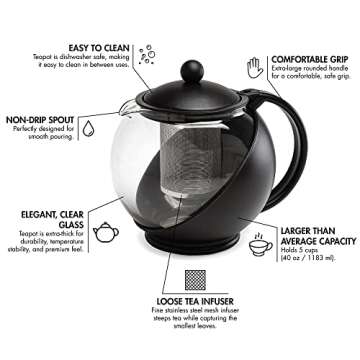 Primula Half Moon Teapot with Removable Infuser, Glass Tea Maker with Reusable Fine Mesh Stainless Steel Filter, Dishwasher Safe, 40-Ounce, Black