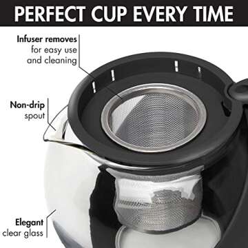 Primula Half Moon Teapot with Removable Infuser, Glass Tea Maker with Reusable Fine Mesh Stainless Steel Filter, Dishwasher Safe, 40-Ounce, Black
