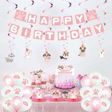 Dog Birthday Decorations,Dog Paw Prints Party Supplies for Girls Pink Lets Pawty Puppy Paw Themed Balloon , Banners, Cake Toppers &cupcake toppers,Hanging Swirls,paper honeycomb centerpiece