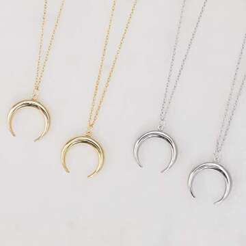 Gold Necklaces for Women - 18K Gold - Half Moon Necklace - Double Horn Necklace - Gold Crescent Necklace - Dainty Necklace (Silver)