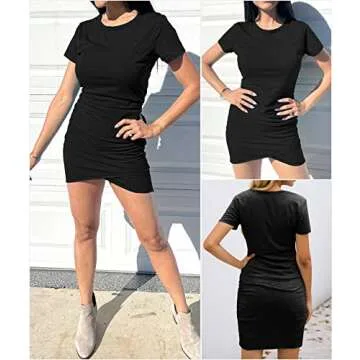 BTFBM Women's 2025 Summer Casual Beach Dresses Crew Neck Short Sleeve Wrap Party Club Mini Ruched Bodycon T Shirt Dress(104Black, Small)