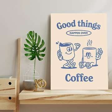Odeyina Cartoon Canvas Wall Art Prints,Modern Illustration Good Things Happen Over Coffee Retro Vintage Poster Funky Art Decorative for Bedroom Living Room Bathroom Office-24 x36 Beige Blue