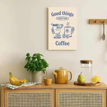 Odeyina Cartoon Canvas Wall Art Prints,Modern Illustration Good Things Happen Over Coffee Retro Vintage Poster Funky Art Decorative for Bedroom Living Room Bathroom Office-24 x36 Beige Blue