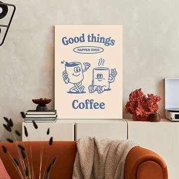 Odeyina Cartoon Canvas Wall Art Prints,Modern Illustration Good Things Happen Over Coffee Retro Vintage Poster Funky Art Decorative for Bedroom Living Room Bathroom Office-24 x36 Beige Blue