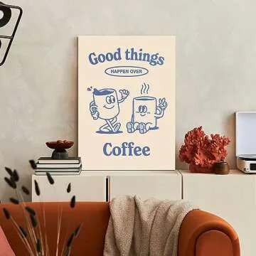 Odeyina Cartoon Canvas Wall Art Prints,Modern Illustration Good Things Happen Over Coffee Retro Vintage Poster Funky Art Decorative for Bedroom Living Room Bathroom Office-24 x36 Beige Blue