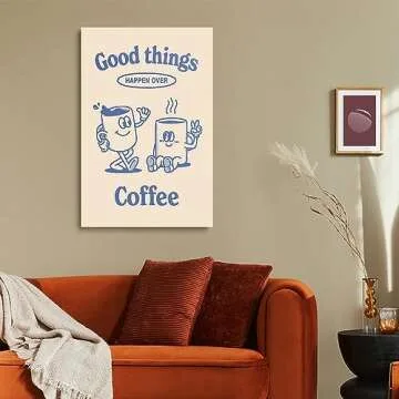 Odeyina Cartoon Canvas Wall Art Prints,Modern Illustration Good Things Happen Over Coffee Retro Vintage Poster Funky Art Decorative for Bedroom Living Room Bathroom Office-24 x36 Beige Blue