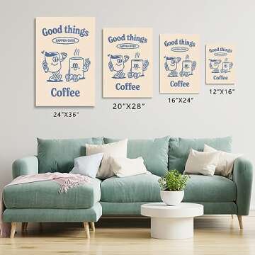 Odeyina Cartoon Canvas Wall Art Prints,Modern Illustration Good Things Happen Over Coffee Retro Vintage Poster Funky Art Decorative for Bedroom Living Room Bathroom Office-24 x36 Beige Blue
