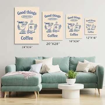 Odeyina Cartoon Canvas Wall Art Prints,Modern Illustration Good Things Happen Over Coffee Retro Vintage Poster Funky Art Decorative for Bedroom Living Room Bathroom Office-24 x36 Beige Blue