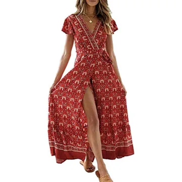 ZESICA Women's Bohemian Floral Printed Wrap V Neck Short Sleeve Split Beach Party Maxi Dress