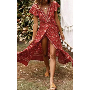 Stylish ZESICA Floral Maxi Dress for Women in Lychee Red