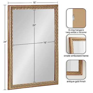 Kate and Laurel Johann Traditional Rectangular Ornate Wall Mirror, 18 x 24, Antique Gold, Vintage Re...