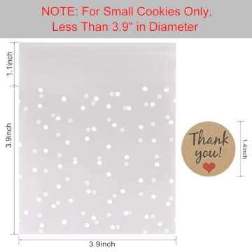 FLYTT Self Adhesive Cookie Bags, White Polka Dot Individual Resealable Cellophane Treat Bags with Thank You Stickers for Gift Giving (3.9''x3.9'', 100 Pcs)