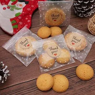 FLYTT Self Adhesive Cookie Bags, White Polka Dot Individual Resealable Cellophane Treat Bags with Thank You Stickers for Gift Giving (3.9''x3.9'', 100 Pcs)