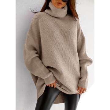 Imesrun Women's Oversized Turtleneck Sweater in Khaki