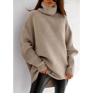Imesrun Women's Oversized Turtleneck Sweater in Khaki