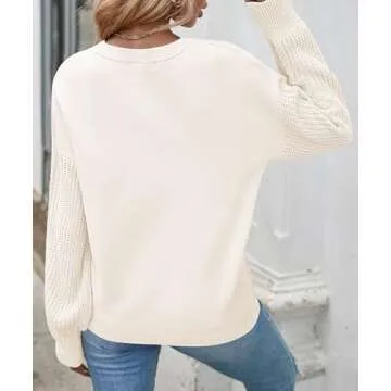 ZESICA Women's Fall Long Sleeve Crew Neck Solid Color Cable Knit Chunky Casual Oversized Pullover Sweater Tops,Beige,Small