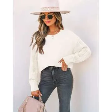 ZESICA Women's Fall Long Sleeve Crew Neck Solid Color Cable Knit Chunky Casual Oversized Pullover Sweater Tops,Beige,Small