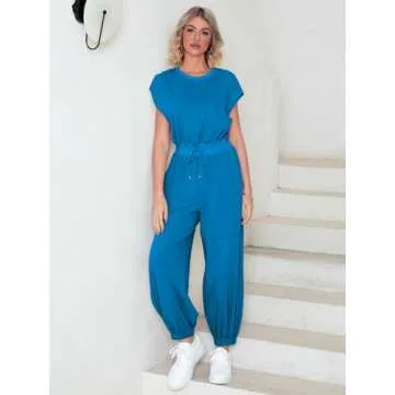 Glamaker Women's Casual Sleeveless One Piece Jumpsuits Loose Open Back Workout Onesie Summer Outfits With Pockets(Blue M)