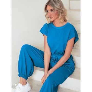 Glamaker Women's Casual Sleeveless One Piece Jumpsuits Loose Open Back Workout Onesie Summer Outfits With Pockets(Blue M)
