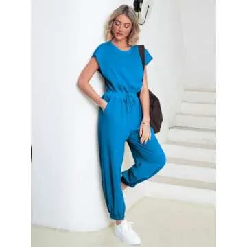 Glamaker Women's Casual Sleeveless One Piece Jumpsuits Loose Open Back Workout Onesie Summer Outfits With Pockets(Blue M)