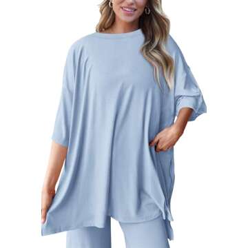 PRETTYGARDEN Women's 2 Piece Outfits Casual Short Sleeve Pullover Tops and Wide Leg Pants Lounge Sets Tracksuits (Light Blue,Small)