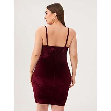 SOLY HUX Women's Sexy Plus Size Velvet Spaghetti Strap Cowl Neck Party Club Bodycon Mini Dress Burgundy 1XL