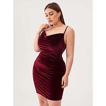 SOLY HUX Women's Sexy Plus Size Velvet Spaghetti Strap Cowl Neck Party Club Bodycon Mini Dress Burgundy 1XL