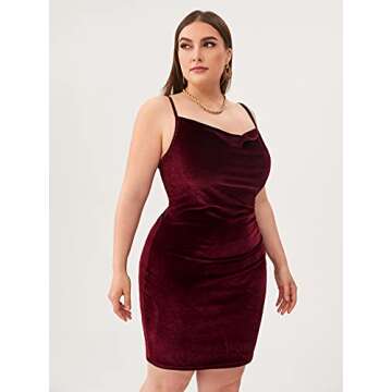SOLY HUX Women's Sexy Plus Size Velvet Spaghetti Strap Cowl Neck Party Club Bodycon Mini Dress Burgundy 1XL