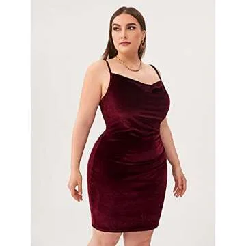 SOLY HUX Women's Sexy Plus Size Velvet Spaghetti Strap Cowl Neck Party Club Bodycon Mini Dress Burgundy 1XL