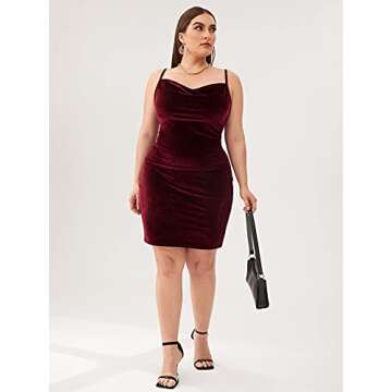 SOLY HUX Women's Sexy Plus Size Velvet Spaghetti Strap Cowl Neck Party Club Bodycon Mini Dress Burgundy 1XL