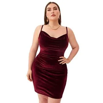 SOLY HUX Women's Sexy Plus Size Velvet Spaghetti Strap Cowl Neck Party Club Bodycon Mini Dress Burgundy 1XL