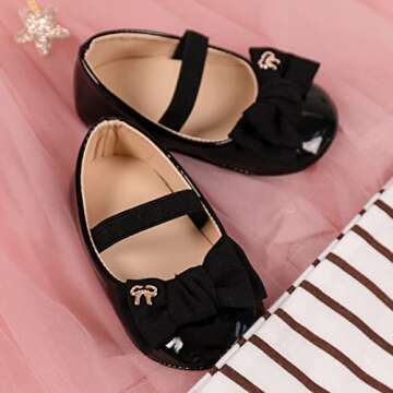 HsdsBebe Infant Baby Girls Mary Jane Flats Bow Non-Slip Soft Sole Princess Toddler First Walkers Sneaker Wedding Dress Shoes(ZZY2778 Black,2)