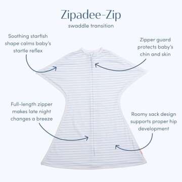 SleepingBaby Zipadee-Zip Transitional Swaddle Sack, 3-6 Month - Roomy Zipper Swaddle for Easy Diaper...