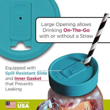 iLIDS Mason Jar Drink Lid, Regular Mouth, Aqua Blue, Pack of 2