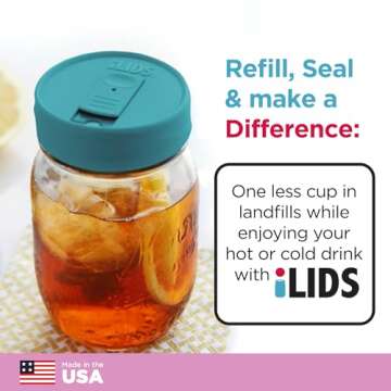 iLIDS Mason Jar Drink Lid, Regular Mouth, Aqua Blue, Pack of 2