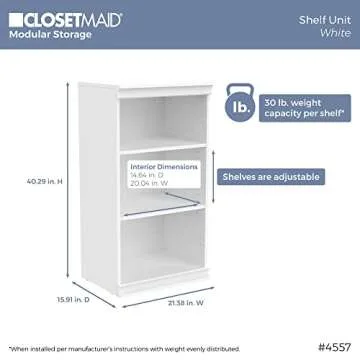 ClosetMaid Modular Storage Shelf Unit with 3 Shelves, Wood Closet Organizer Adjustable, Stacking, Full Backer, Decorative Trim, White, 40.29 H x 21.39 in. W x 15.91 in. D