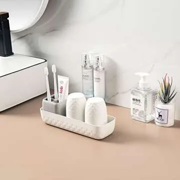 Vowupt Toothbrush Holder for Bathrooms, Toothbrush Organizer Countertop for Toothbrush Storage, Toothbrush and Toothpaste Holders Set with 3 Slots, Tooth Brushing Cup Caddy for Family-White