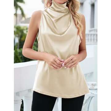 Famulily Sleeveless Turtlenecks for Women Cowl Neck Sleeveless Satin Top for Women Beige L